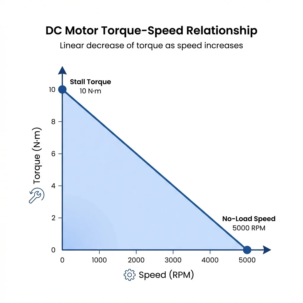 DC motor torque vs speed relationship graph showing the inverse linear trade-off between torque at low speeds and speed at low torque.