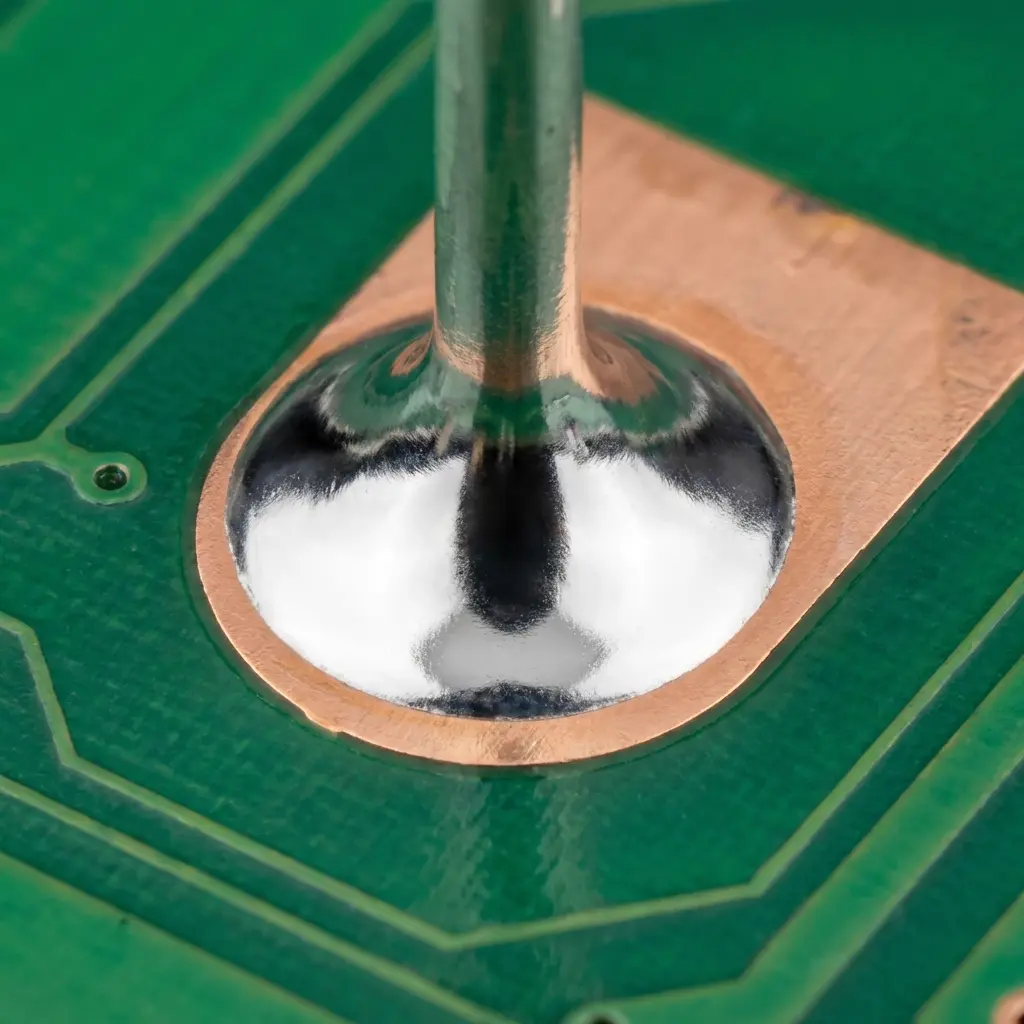 A perfect through-hole solder joint with a shiny, concave volcano shape
