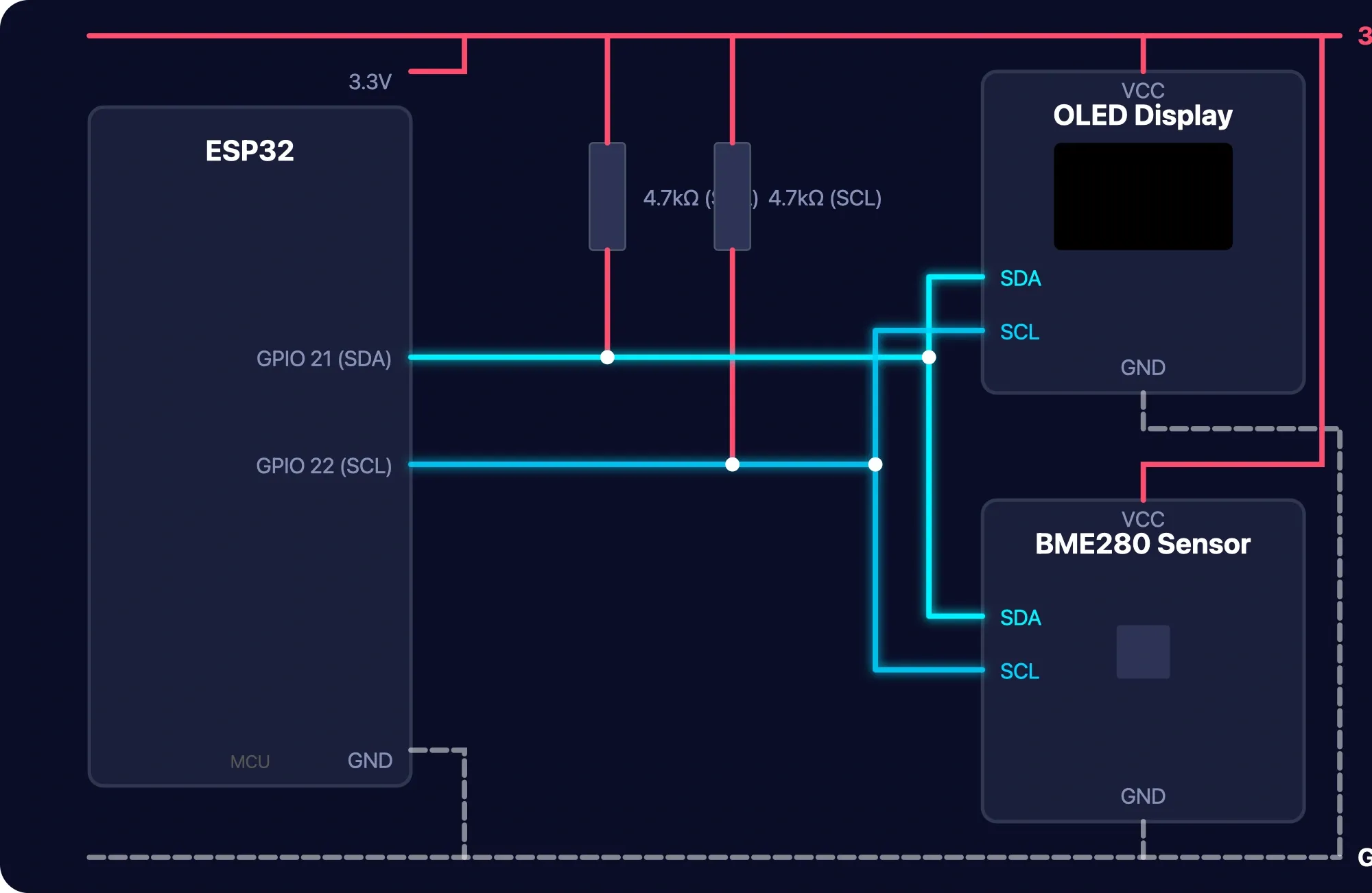 I2C multisensor circuit diagram showing several breakout boards sharing a single SDA/SCL bus with pull-up resistors at the microcontroller end.