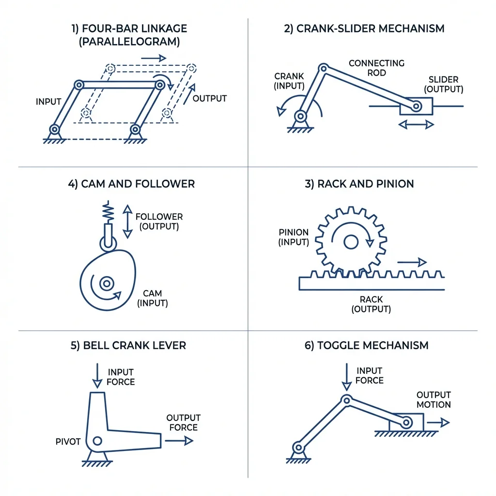 Diagram showing the six common mechanical linkage types: rack and pinion, crank-slider, four-bar, cam and follower, bell crank, and toggle.