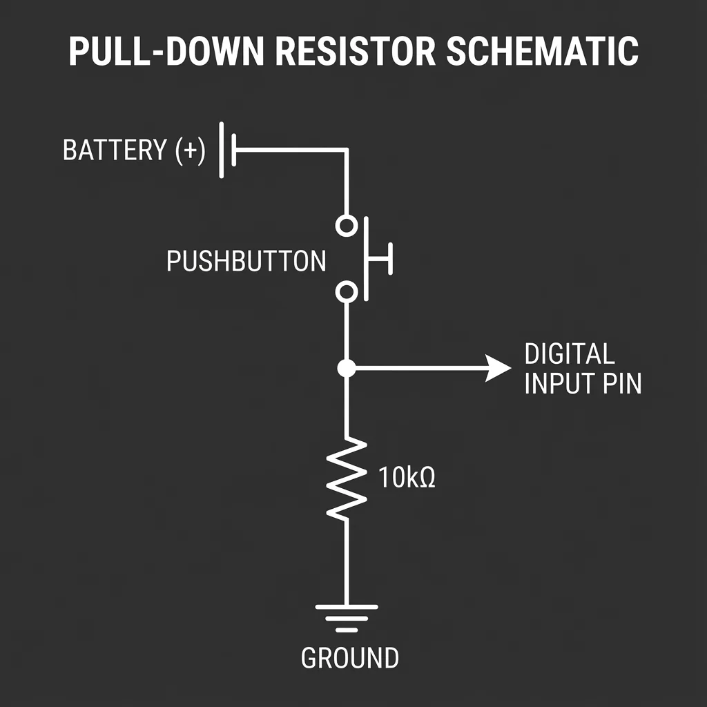 Pull-down resistor circuit diagram showing a GPIO pin tied to ground through a resistor, with the button connecting the pin to VCC when pressed.