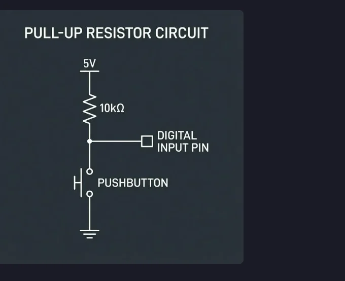 Pull-up resistor circuit diagram showing a GPIO pin tied to VCC through a resistor, with the button shorting the pin to ground when pressed.