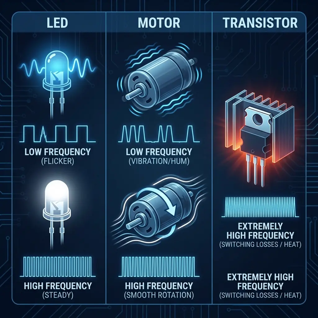Effect of PWM frequency on LEDs and motors