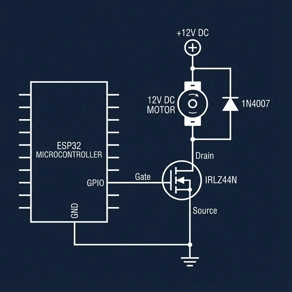 ESP32 driving an N-channel MOSFET to switch a 12 V motor, with flyback diode across the motor