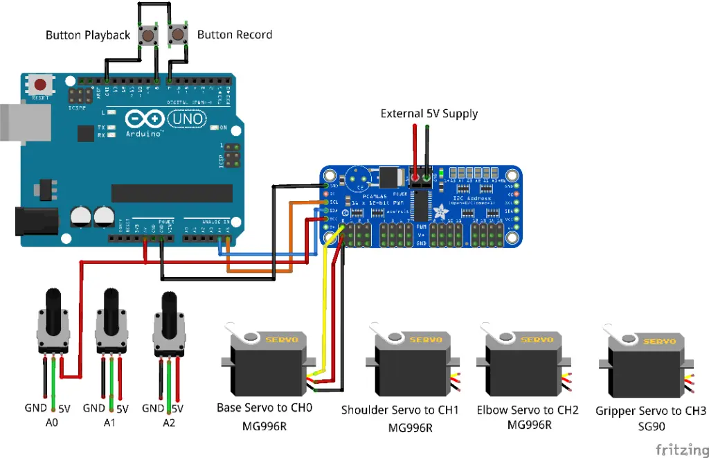 4-DOF Robotic Arm Circuit Diagram with PCA9685