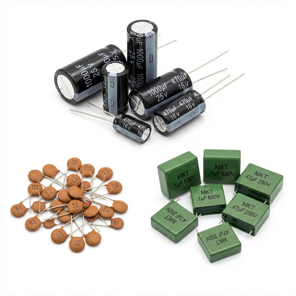 Electrolytic, ceramic, and film capacitors
