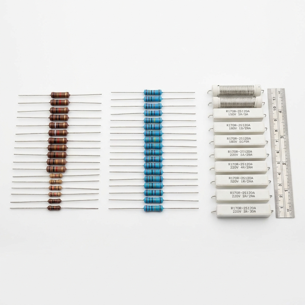 Carbon film, metal film, and wire-wound resistors